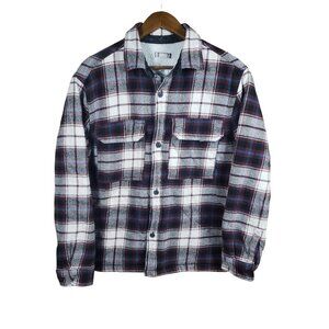 H&M Sherpa Flannel Shacket Men's Medium Burgundy Blue Plaid Grunge Skater Indie